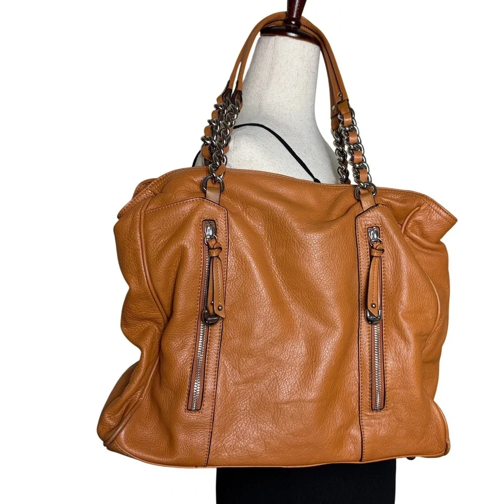 B. Makowsky Cognac Tan Pebbled Leather Chain Shoulder Bag Tote Leopard Lining - Picture 1 of 5